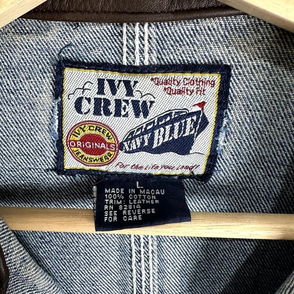 Vintage Ivy Crew Unisex Denim Jacket Size L Brown Leather Collar 90s Y2K Jean - Picture 2 of 10